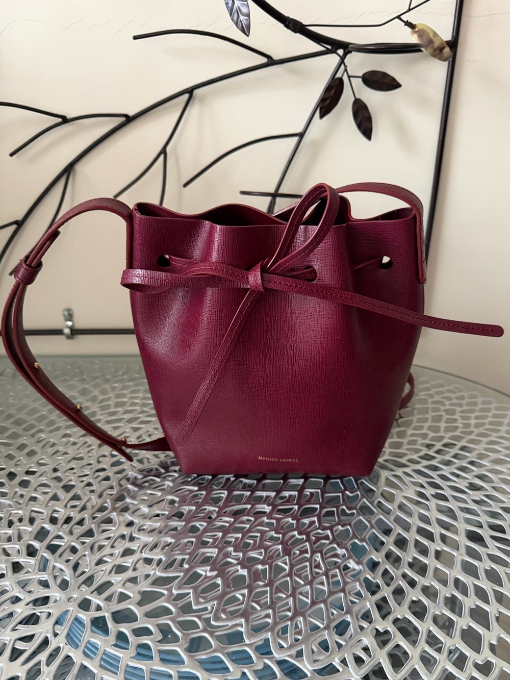 Mansur Gavriel Claret Red Textured Leather Mini Crossbody Bucket Bag - Picture 9 of 15
